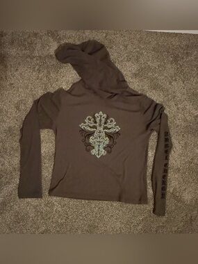 Orange Kiss Rhinestone Cross Hoodie Junior’s XL Hunter Green Cyber Grunge Angel